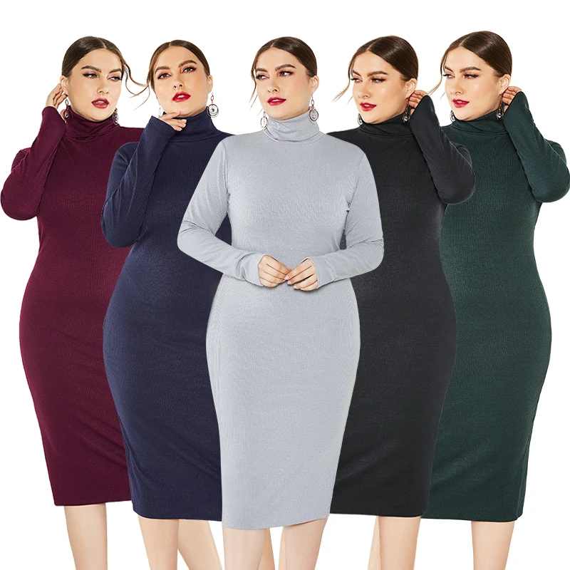 

Fashion Winter Stretch Turtleneck Women Plus Size Bodycon Sweater Dress, As picture or customization