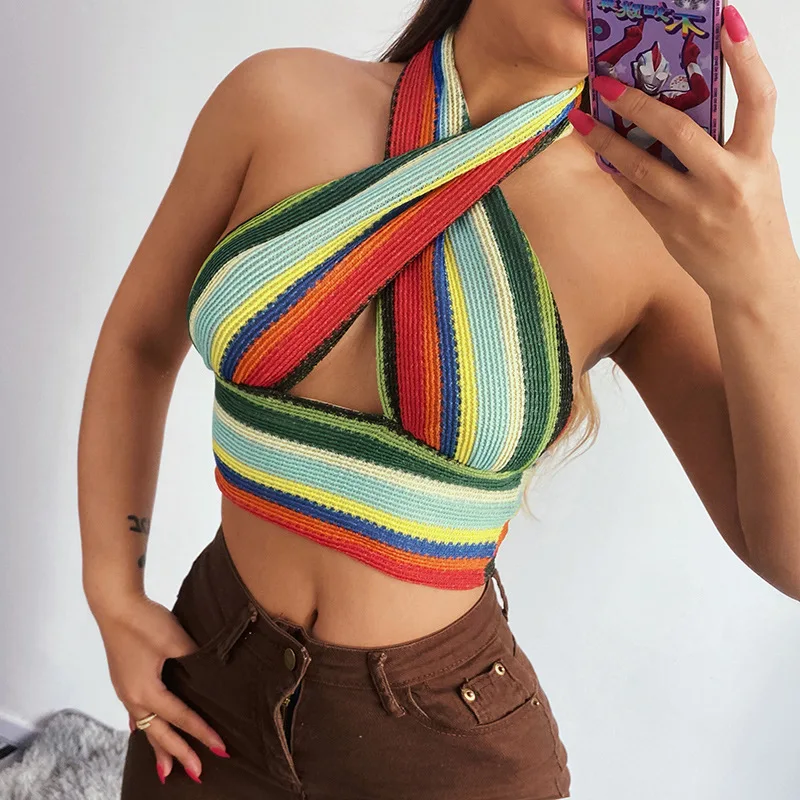 

Women Sleeveless Colourful Stripe Knit Crochet Top Halter Criss-crossed Cute Backless Tops 2021 Sexy Crop Crochet Tops For Women