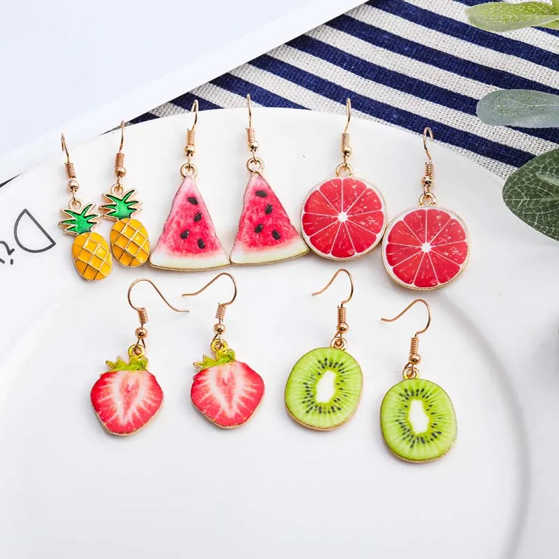 

Cute Fruit Drop Earrings for Women Strawberry Kiwi Pineapple Creative Korean Earring Fashion Jewelry Accessories Sweet Girl Gift, As picture