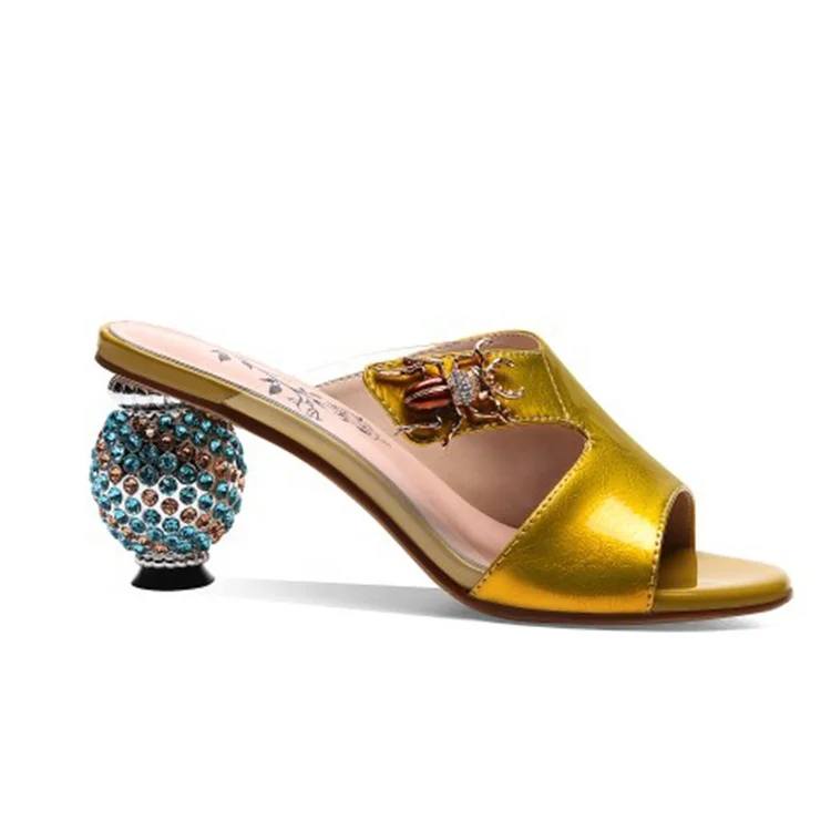 

2019 New Fashion Mules Female Peep Toe Strange Chunky Heels with Rhinestone Sandals Slipper, Champagne yellow customzied