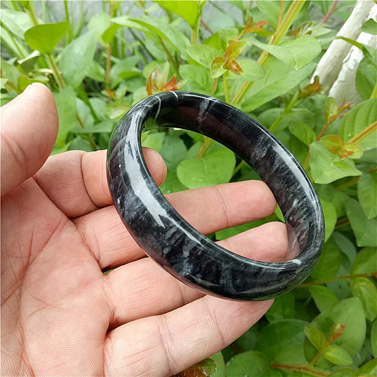 

Natural Black Jade Bangle Hand Carved Wide Brazalete De Jade Boutique Jewelry Women's Hand Carved Wide Black Jade Bracelet