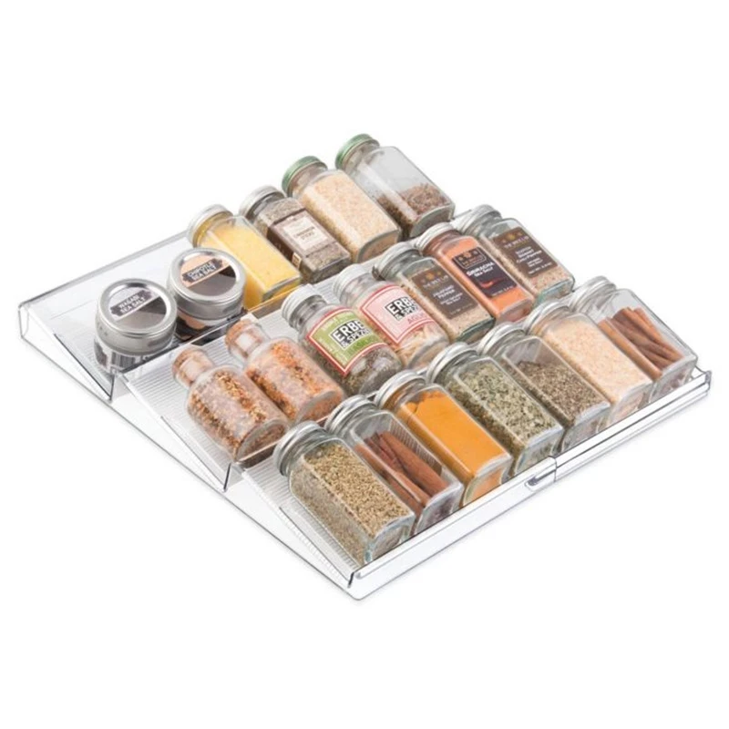 

Easy Install Expandable Clear 3 Tier Slanted Spice Rack Tray for Kitchen Pantry Storage