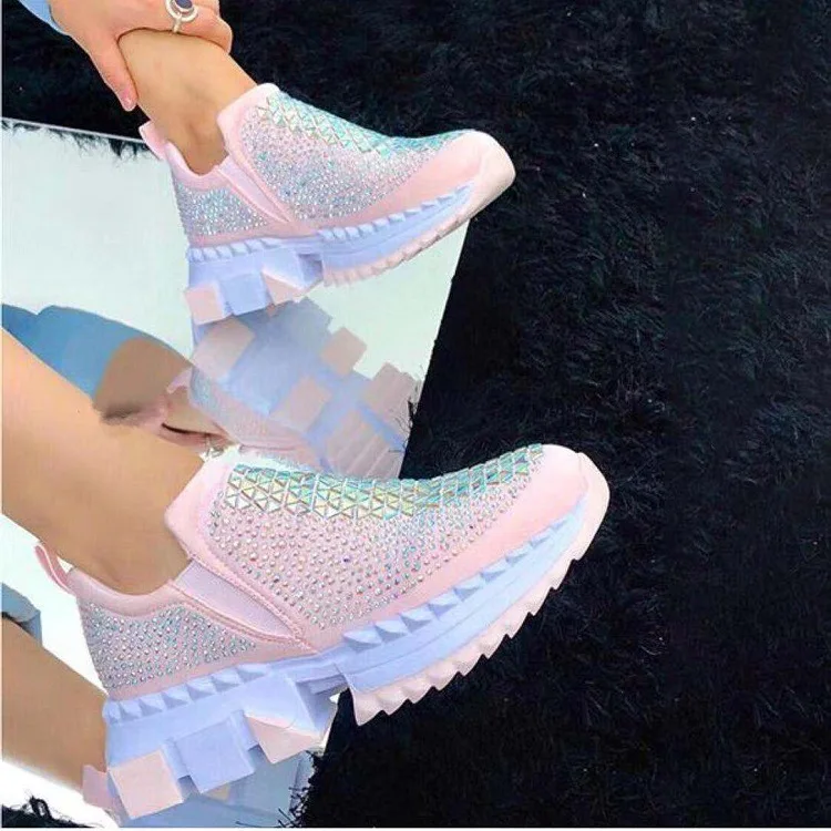 

2022 round toe hot diamond thick sole shoes sequin slide casual sneakers women's diamond jogging shoes