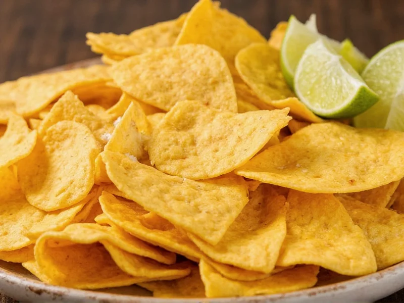 Golden homemade tortilla chips with lime wedges