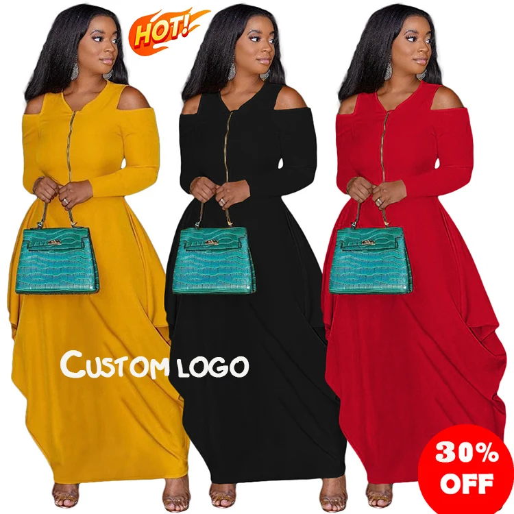 

2021 fall latest design in-stock elegant fashion V Neck casual solid color zipper women's fall casual dresses