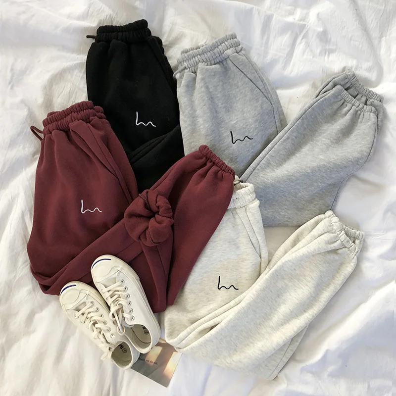 

Winter Women Harem Stripes Embroidery Gray Black Fleece Pants Bottom