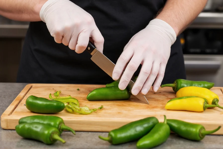 Chef's hands preparing fresh serrano peppers for cooking, showing safe handling techniques with gloves and proper knife skills
