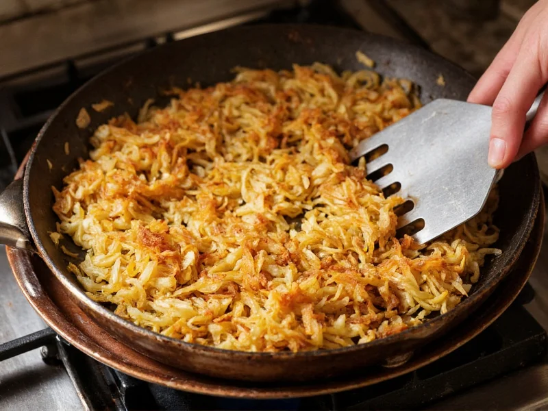 Pressing homemade hash browns with metal spatula for maximum crispiness