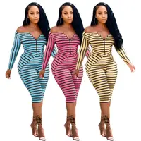 

2019 Autumn Off Shoulder Printed striped fitness bodycon Two Piece Sets Women's Tops With Shorts