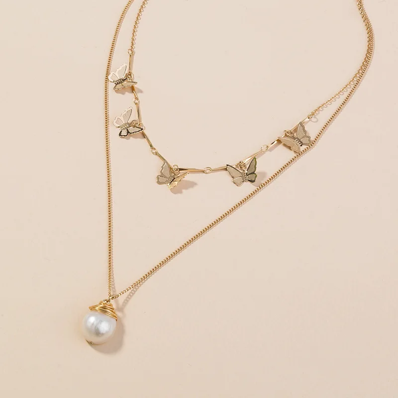 

New Version Golden Chain Butterfly Pendant Necklace Vintage Multilayer Necklaces Pearl Jewelry Necklace For Women