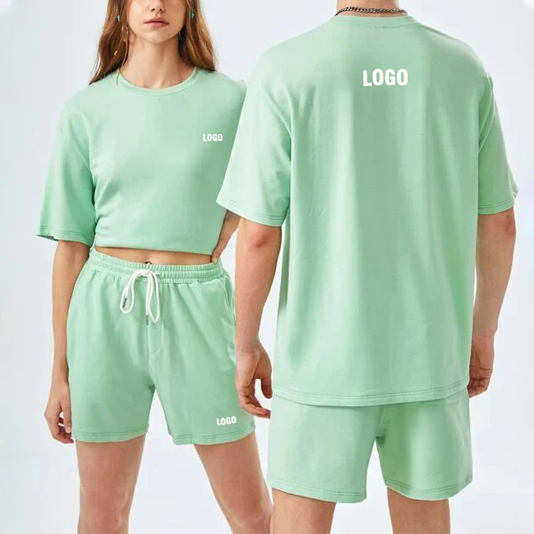 

Wholesale Unisex Custom Logo Printing Oversize Tshirt Men Women Plain Shorts 100% Cotton Two Pieces Short Sets