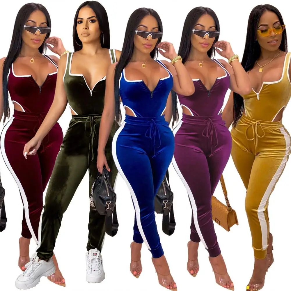 

Woman 2 Piece Set Clothing Velvet Jumpsuits Clubwear Party Pants Sets Jumpsuits And Rompers