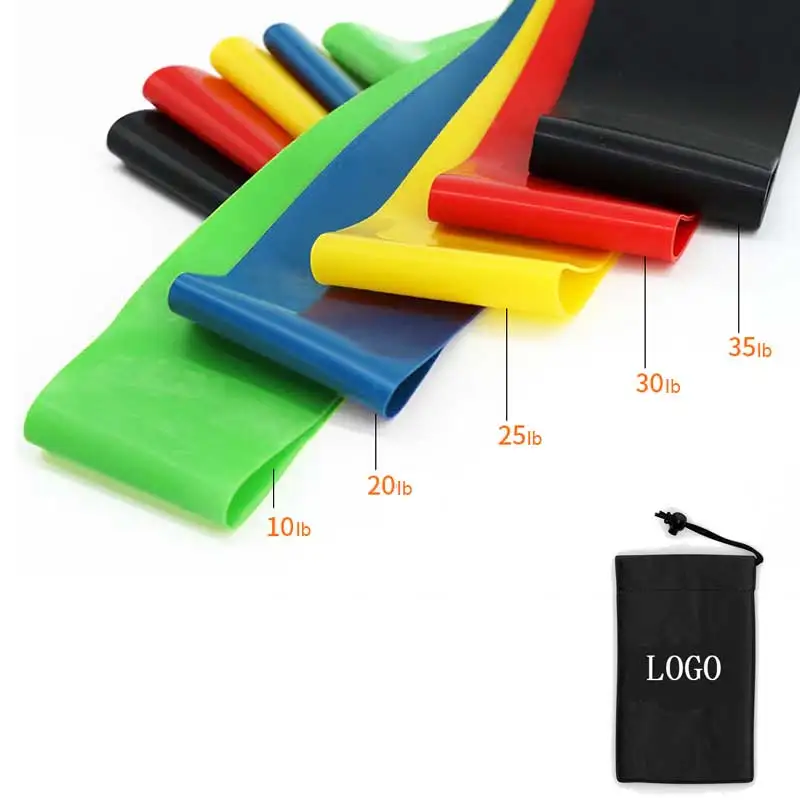 

five color a set resistance bands can printed with logo, Green, black, yellow, red, blue