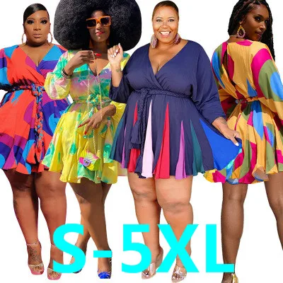 

(RTS 0.6) 20858 Plus size Printed V-neck sexy woven big skirt with belt plus size women's dress