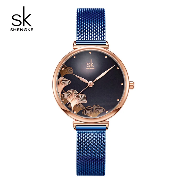

SHENGKE Fashion Lady Watch Unique Ginkgo Leaf Dial Stainless Steel Milan Mesh Band Japanese Quartz Movement K0139L, 3 colors / support customized colors