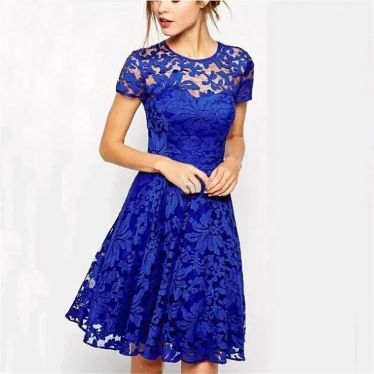 

FORLADIES Newest Design Crew Neck Hollow Out Lace Solid Color Printing Elegant Woman Casual Dress Party Prom Dresses