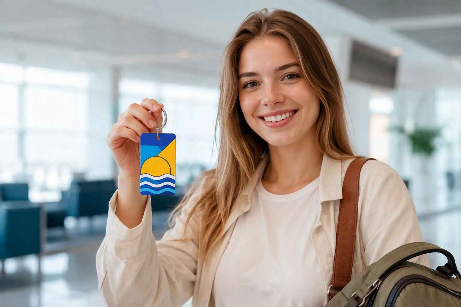 Young woman at airport holding colorful custom PVC keychain