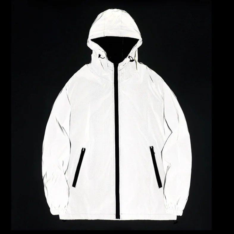 

custom logo OEM fashion style high visibility men oversize reflective light grey pullover street wear hoodie with zipper pocket, Rainbow, gray, black, pink, etc