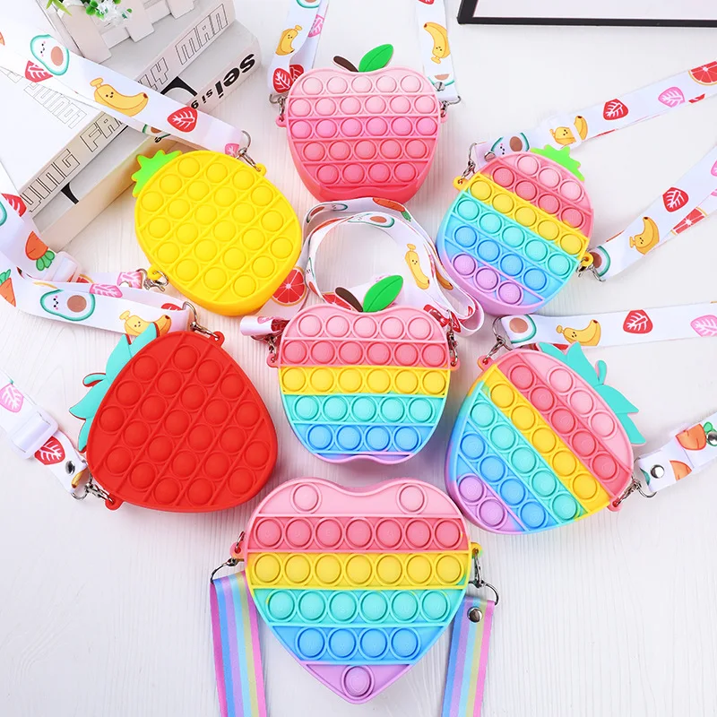 

Wholesale Kids Soft Silicone Push It Bubble Heart Purse Tote Handbags Zipper Fidget Toy Push Pop It Coin Purse For little Girls, Picture