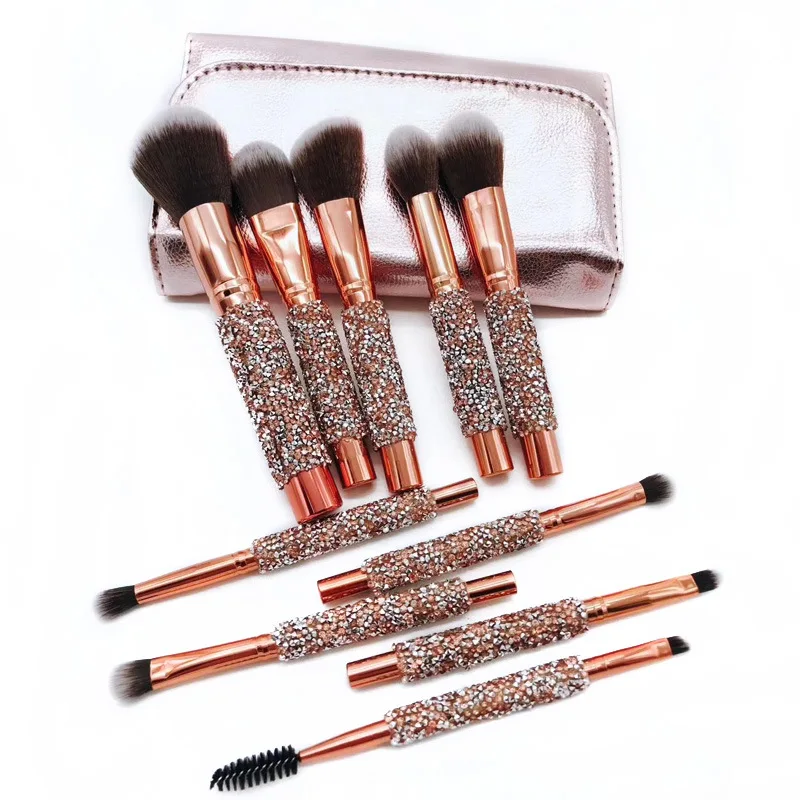 

Make your own brand Rose golden Glitter Makeup brush set 10pcs Shiny Crystal diamond makeup brush set with PU bag