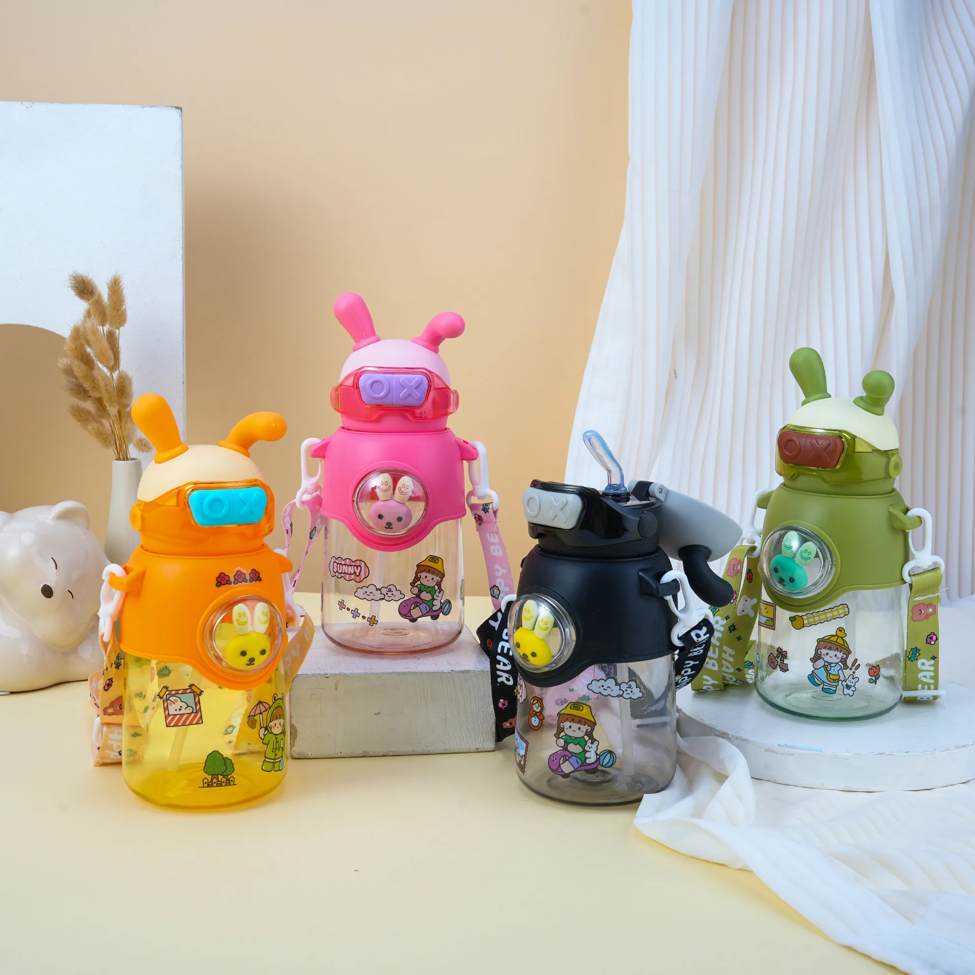 

C366 Creative Outdoor Cartoon Cute School Children Water Bottle Portable Rabbit Straw Cup Large Capacity Plastic Drinking Mug