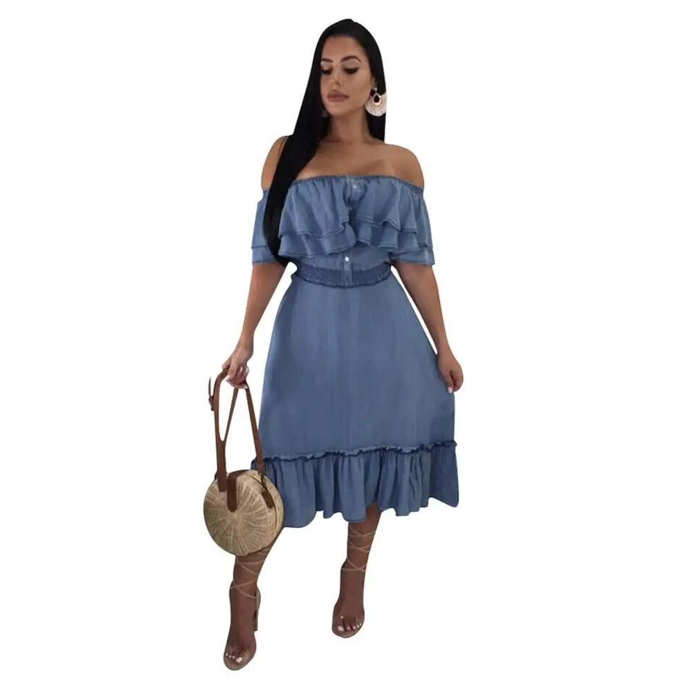 

L36683 Newest Sexy Women Plus Size Stitching Off Shoulder Denim Ruffles Dress