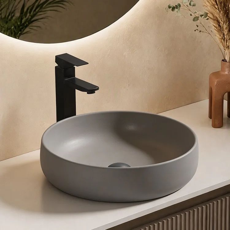 colored-sinks-bathroom-9841-MT-011-perspective-detail-matte-grey-enamel-texture-matching-ceramic-pop-up-drain