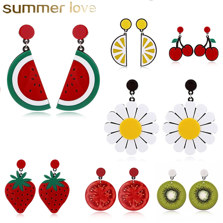 

Fashion Colorful Fruit Personality Earring Watermelon Strawberry Lemon Cherry Resin Dangle Earrings for Women Jewelry