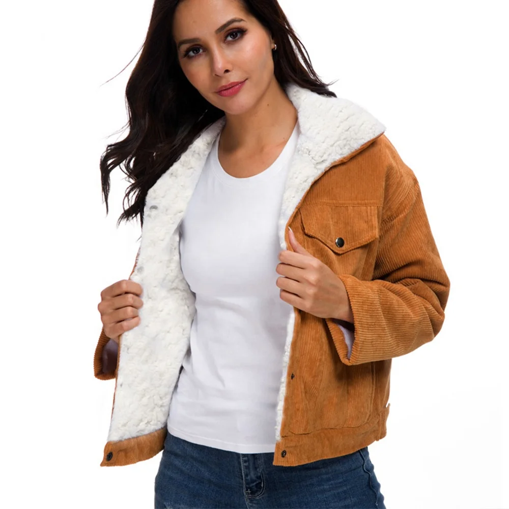 

Women's Vintage Faux Sherpa Fleece Lined Jacket Coat Thickened Warm Quilted Corduroy Puffer Jacket