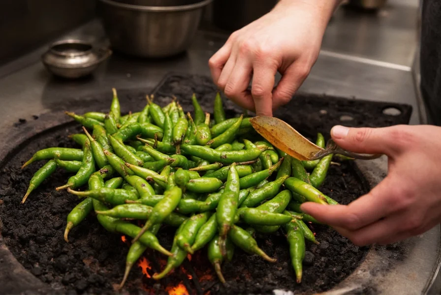Chef roasting fresh hatch green chilies over open flame with proper technique and equipment