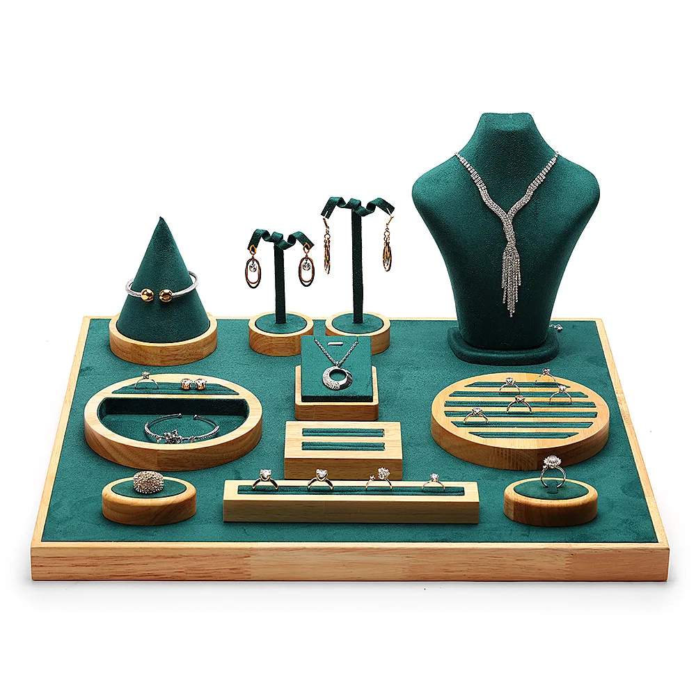 

new fashion 2021 jewelry displays for store luxury jewelry display props custom wooden jewelry stand display set, Dark gren