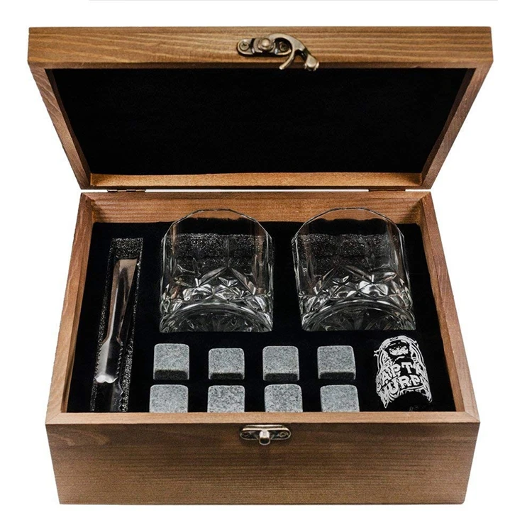 

Ice Rocks Promotional Wooden Box Gift Set Customized Whiskey Stone Soapstone Cold Granite Glass and Tweezers