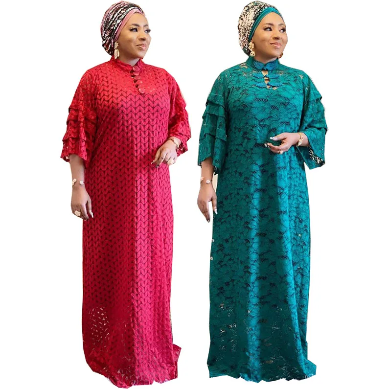 

African women hollow lace sleeves gown casual plus size vintage dresses with inner skirt, Green/red