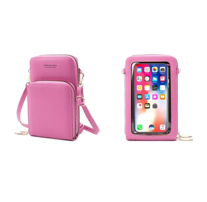 

Touch Screen Mobile phone pocket purse crossbody Mini shoulder bag cut wallet metal zipper pocket bag Touch Screen crossbody bag, 9 color option
