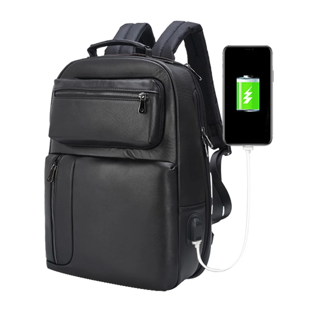 

New Arrival Men Fashion Waterproof Black Genuine Leather Laptop Backpack Real Leather Anti Theft Back Pack With USB Charging, Customized color