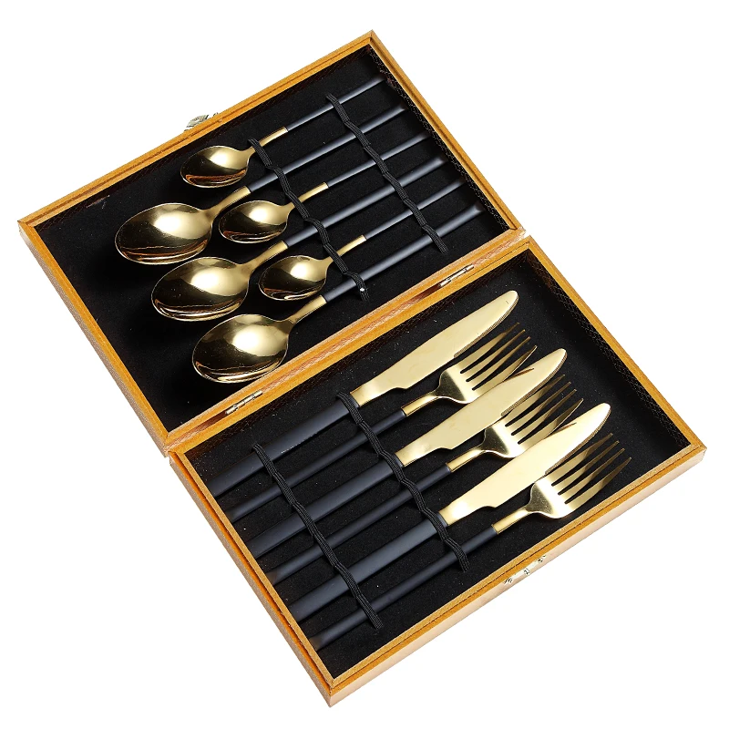 

luxury 12pcs 18/10 gold cutlery set box stainless steel fork spoon and knife set, Gold + white/black/pink/blue/green/red