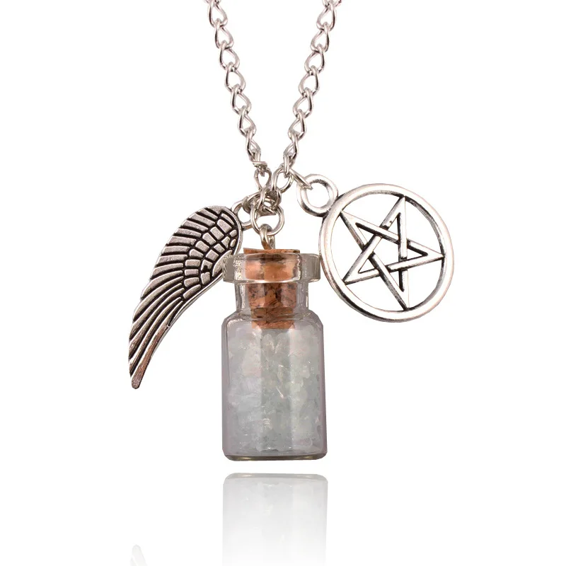 

New Supernatural Power Glass Wishing Salt Bottle Angel Wings Pentagram Retro Amulet Necklace Pendant, Silver/ gold