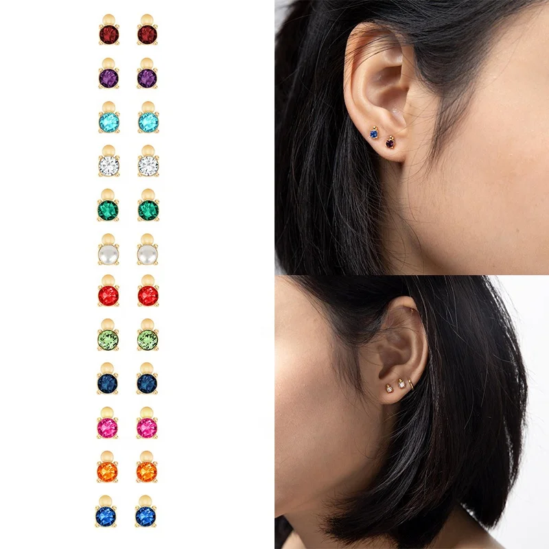 

New Trendy 925 Sterling Silver Birthday Stone Unusual Earrings Piercing Colorful Zircon Crystals Stud Earrings for Women, Gold and silver