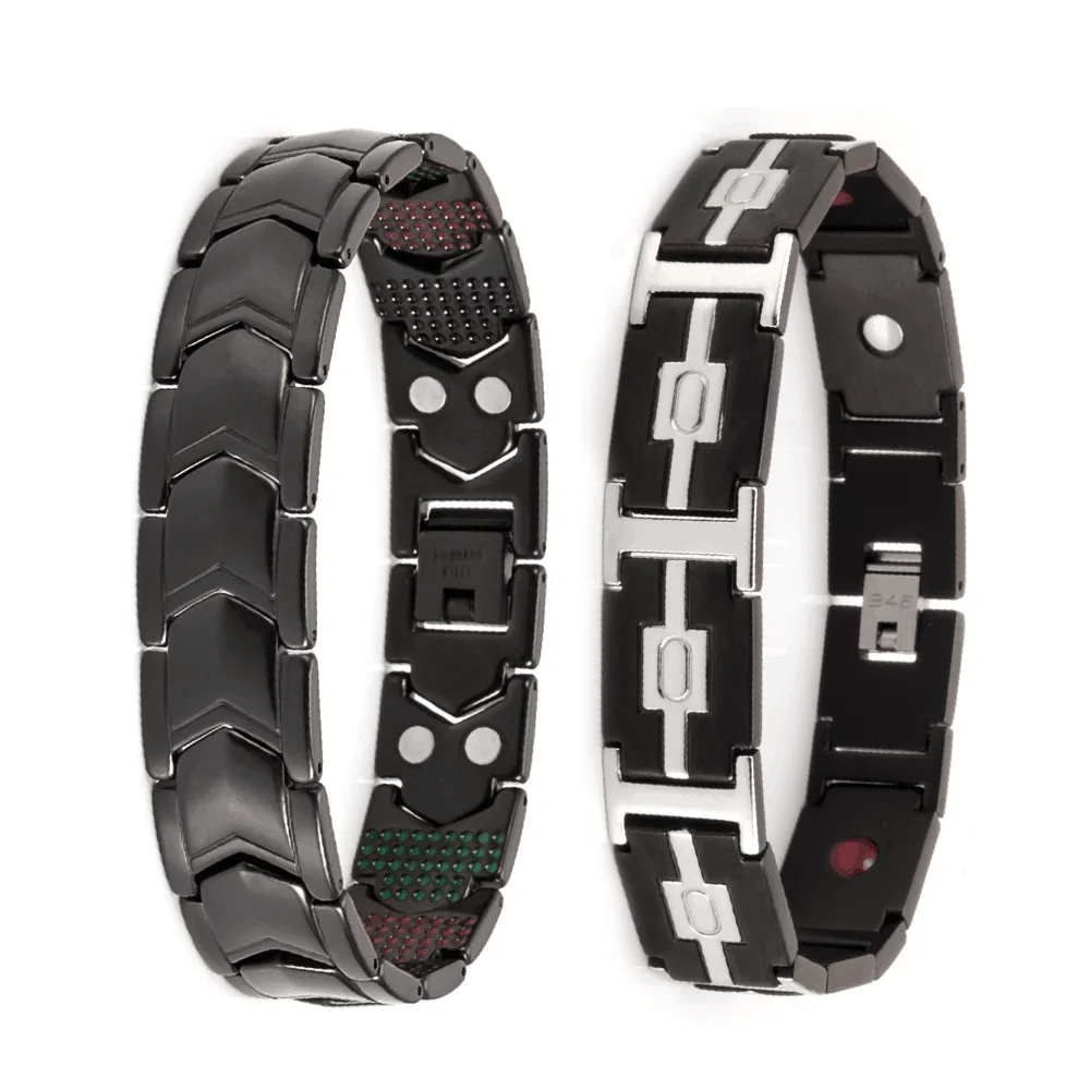 

wollet Healing Stainless Steel IP Plating Germanium Powder Tourmaline Ion Balance Black Bracelet for Men