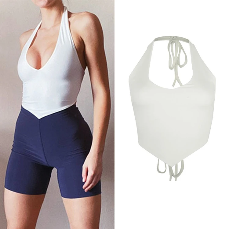 

High Quality U-Neck Sleeveless Asymmetrical Halter Women Crop Top Lace-Up Skinny Sexy Ladies Tank Tops, White