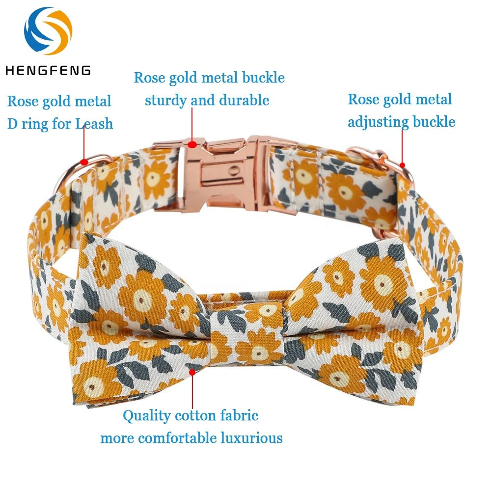 

cotton fabric printed flower bow rose gold dog collar hardware can laser engraved dog collar custom pet supplies private label, Picture shows or custom color