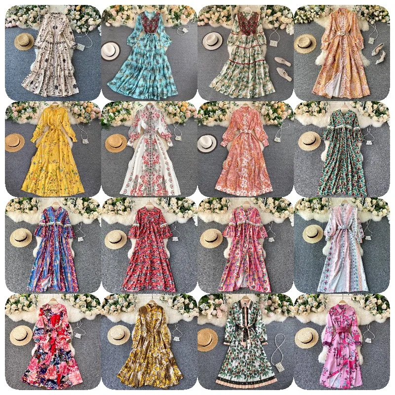 

The latest graphics casual retro style long sleeve chiffon high temperament court lady dress large size factory price women long, Customized color