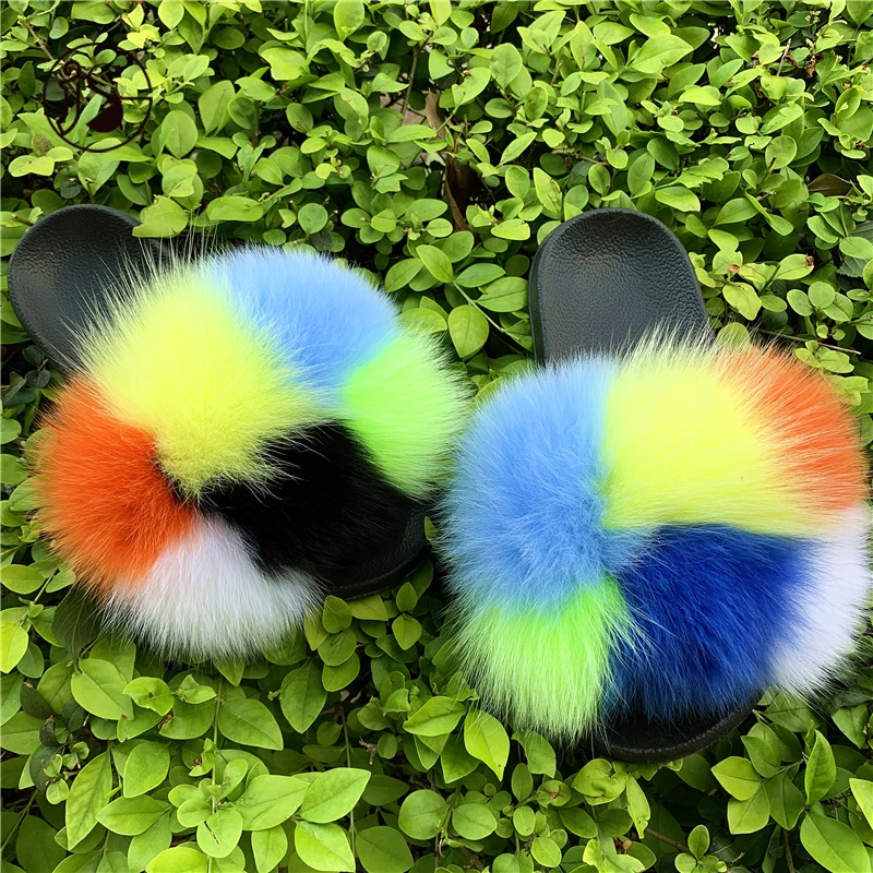 

2021 Fashion furry slides custom outdoor slippers women colorful fox fur slippers, Picture