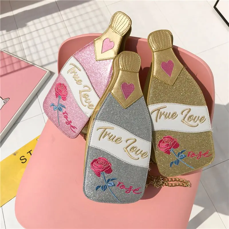 

Fashion Golden Champagne Bottle Design Sequined Purses Female Shoulder Chain Bag Purses and Handbags Women Clutch Bag Leather