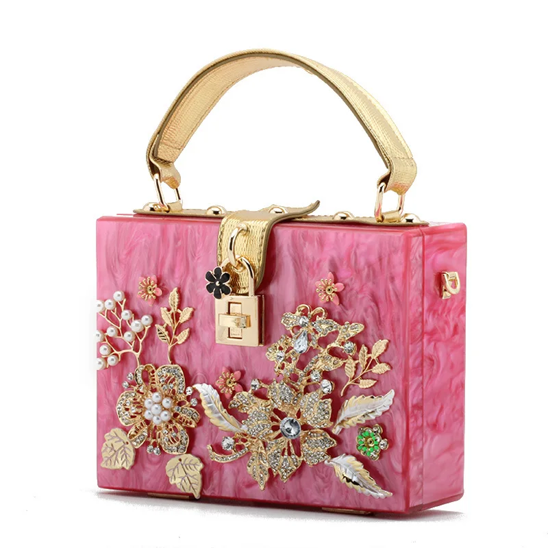 

women acrylic flower rhinestone handle clutch bag lang lady party evening wedding purse bridal hand bag 6 color