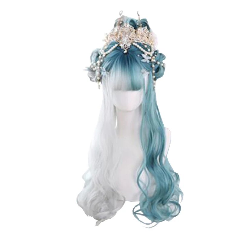 

Mint White Tea Double Color Long Curly Hair Synthetic Hair Wig with Bangs Rose Net Lolita Sweet Japanese Cute Princess Wigs, Pic showed