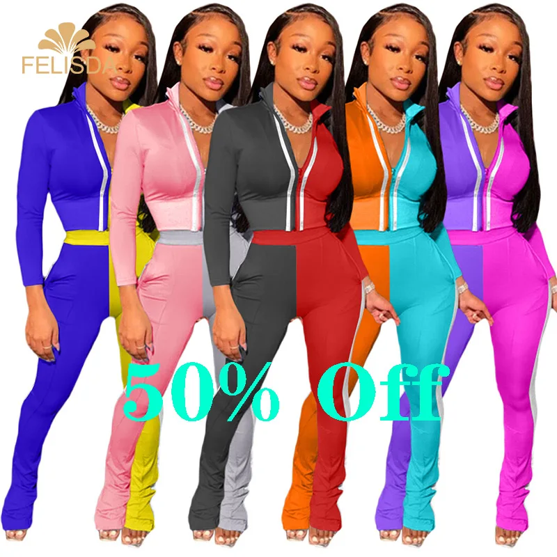 

50% Off High Quality Spring Women's 2 Piece Outfits Long Sleeve Full Zip Jacket And Pants Set Tracksuit Two Piece Set Sweatsuit