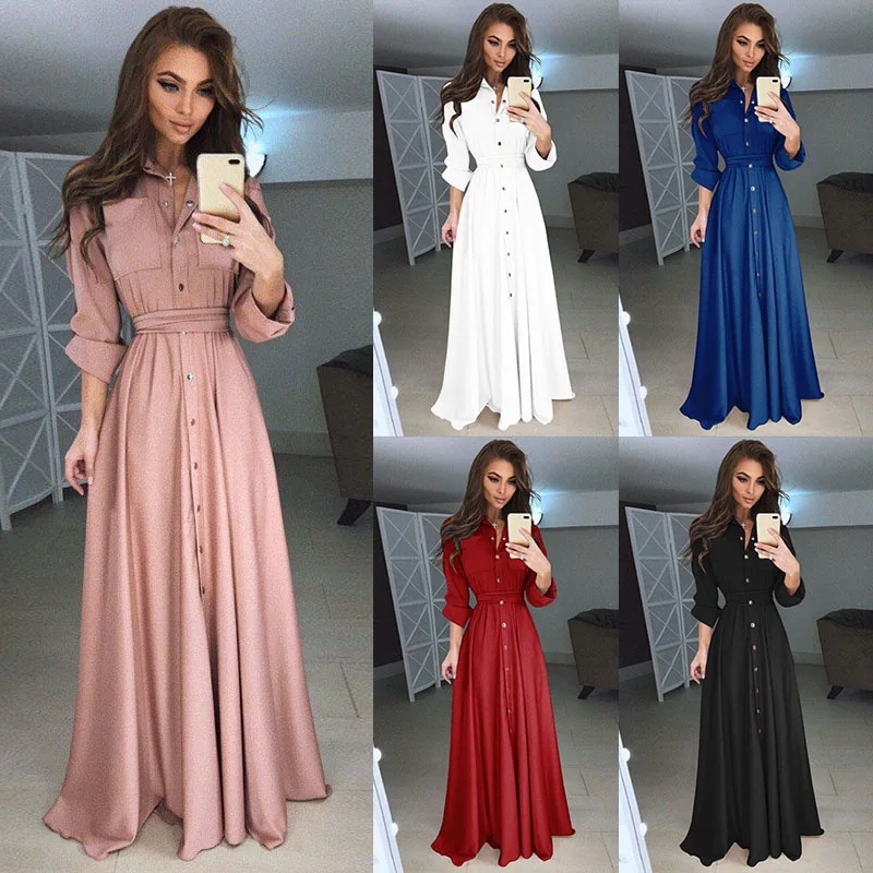 

Autumn And Winter Slim Long Sleeve V-Neck Midi Waist Cardigan Waist Lace Up Lady Botton Maxi Long Dress, Shown