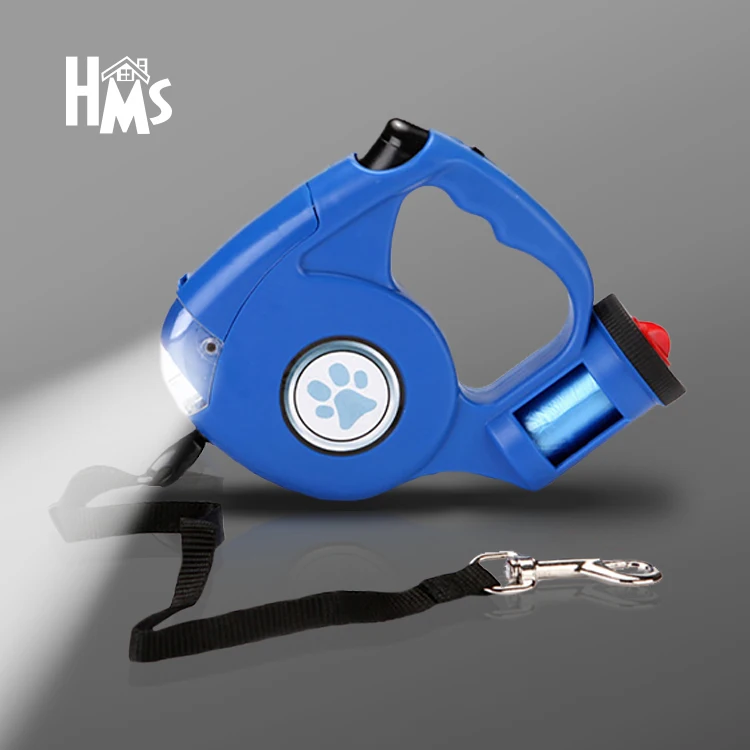 

HMS hot selling New Arrival Pet Lead 5M Retractable LED Dog Leash With Garbage Bag Dispenser, Black
