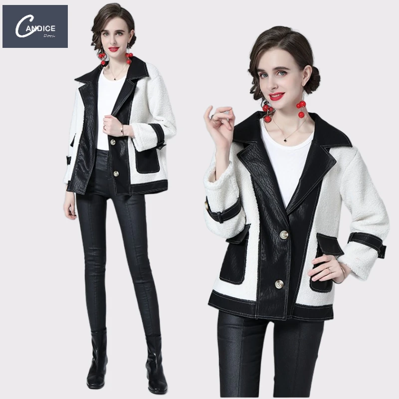 

Candice 2021 latest luxury lamb fur stitching faux leather fashion winter wear women ladies jackets and coats